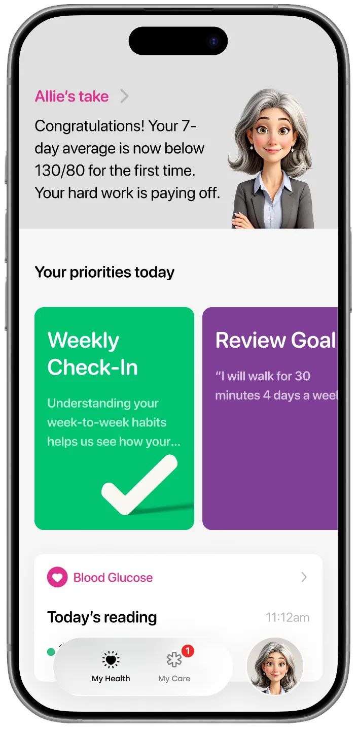 The Allie app showing a weekly check-in and today's priorities